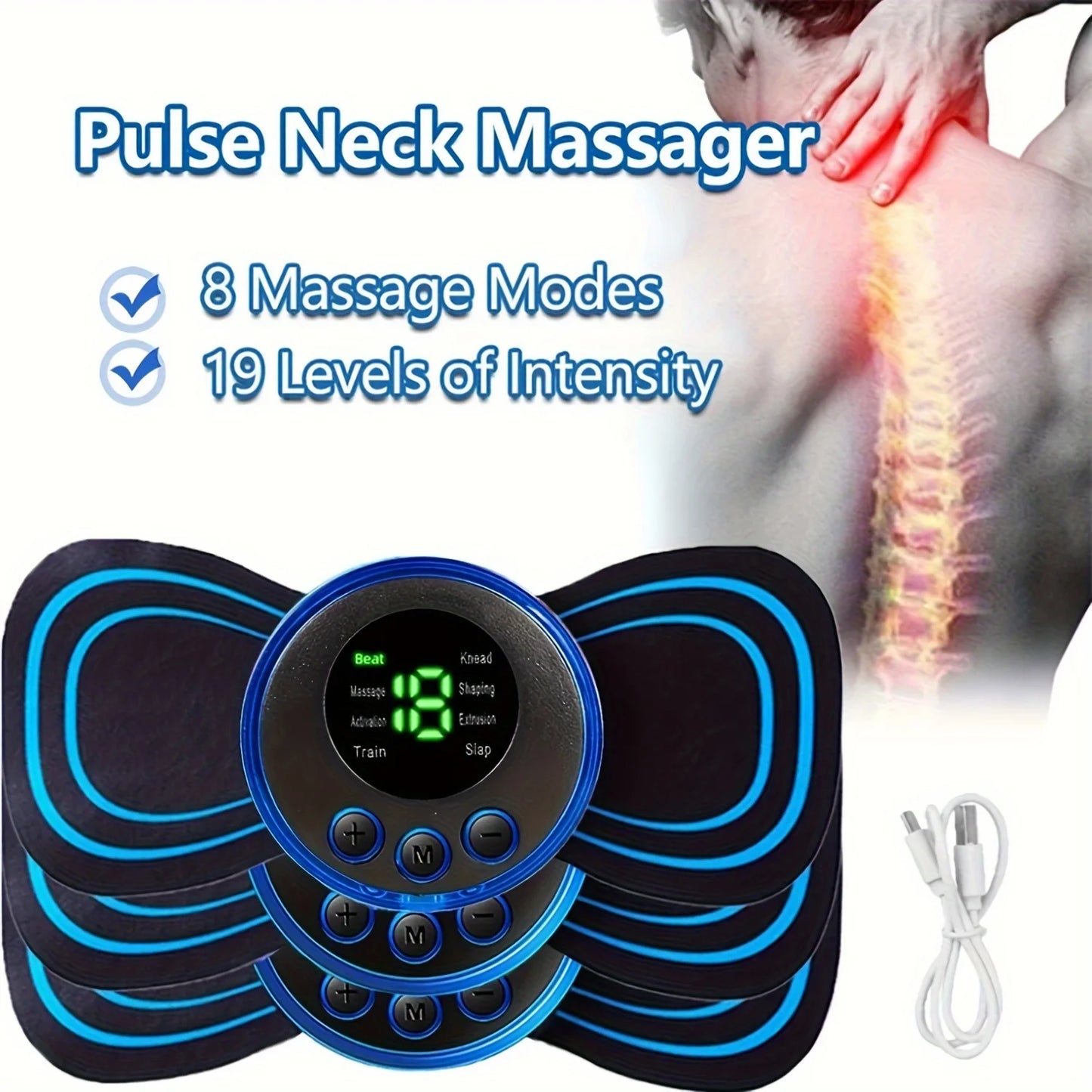 Masajeador Eléctrico EMS para Cuello – Relajación y Terapia con 8 Modos y 19 Niveles de Intensidad